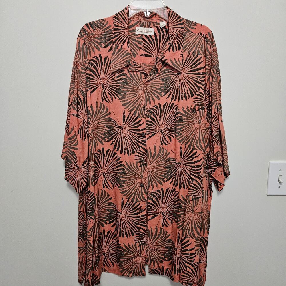 Caribbean Short Sleeve Button Down Mens Shirt Colorful Palm Leaves Print 3XL